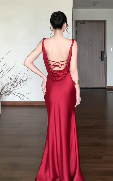 Chic Sheath Burgundy Long Prom Dresses Sleeveless Satin Burgundy Wedding Guest Dresses DP04025 - Deanwangkt