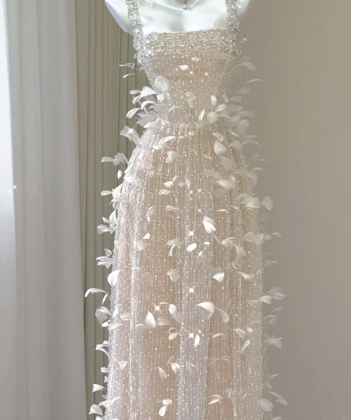 Classy A Line Square Neckline Champagne Tulle Long Prom Dresses P0003 - Deanwangkt