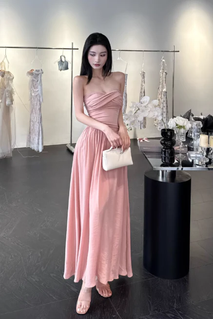 Elegant Strapless Sheath Chiffon Long Evening Dresses, Dusty Pink Formal Dresses DP3145 - Deanwangkt