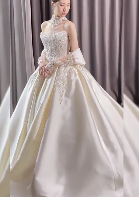 Romantic Wedding Gown Bridal Dress Ball Gown Strapless Wedding Dress White Lace Appliques Wedding Dresses Modest Wedding Gowns DH2040 - Deanwangkt