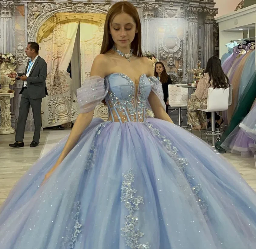 Fairy Off-the-shoulder Ball Gown Tulle Long Prom Dresses Blue Quinceanera Dresses estido De 15 Anos Sweet 16 Dress DP3263 - Deanwangkt