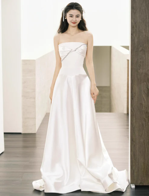 Modest Sheath Satin Wedding Dresses, Sleeveless Bridal Gowns White Wedding Gowns DP3072 - Deanwangkt