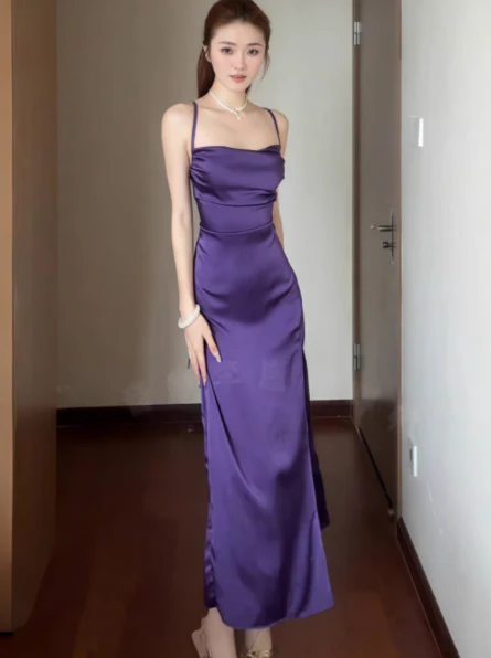 Sexy Spaghetti Strap Sheath Open Back Prom Dresses Satin Purple Formal Dresses with Slits DP3208 - Deanwangkt