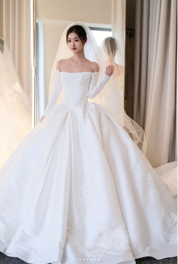 Timeless Off-the-shoulder A-Line Simple Wedding Dresses Satin White Bridal Gowns Long Sleeve Bridal Dresses DP3250 - Deanwangkt
