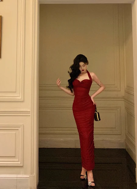 Vintage Sheath Halter Neckline Red Satin Sleeveless 18th Birthday Dress Party Gown Birthday Outfits For Women DP0210 - Deanwangkt