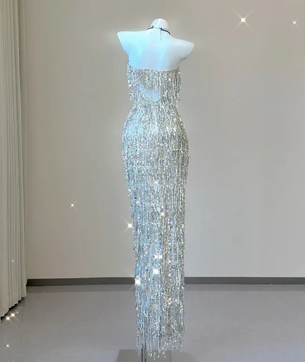 Classy Sheath Strapless Silver Sequin Evening Dress Long Prom Dresses P0011 - Deanwangkt