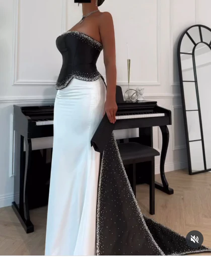 Retro Wedding Dresses Mermaid Strapless Satin Black Long Wedding Dresses Simple Bride Dress Bridal Gowns DH1488 - Deanwangkt