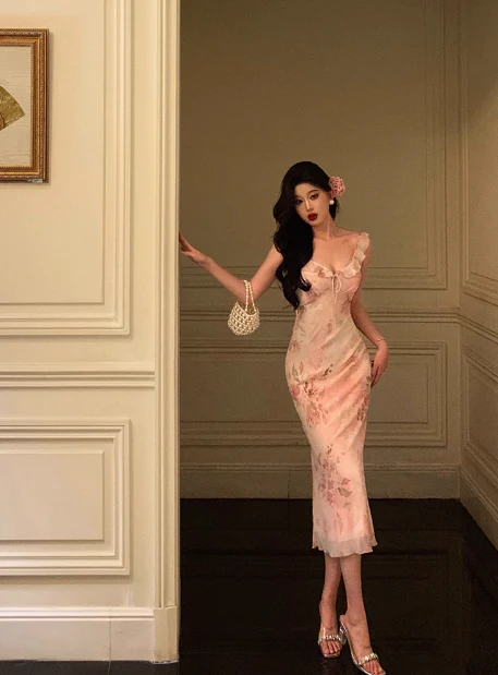 Elegant Sheath Pink Floral Chiffon 18th Birthday Dress Party Gown Birthday Outfits Birthday Dress Ideas For Women DP592 - Deanwangkt