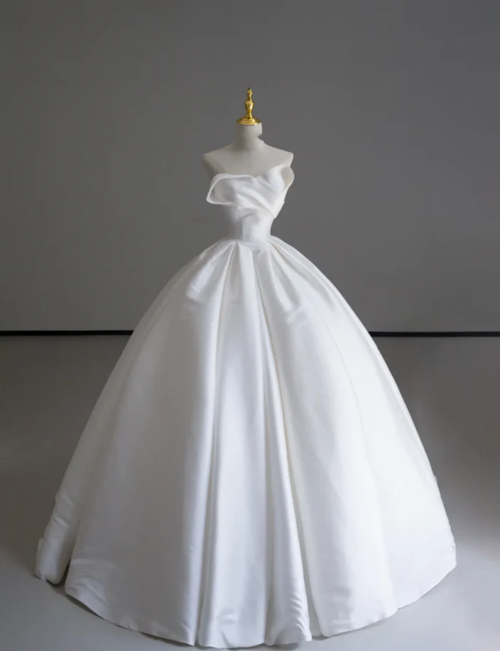 Dreamy Ball Gown Sweetheart Satin Long White Wedding Dresses Summer Brides Dress DP519 - Deanwangkt