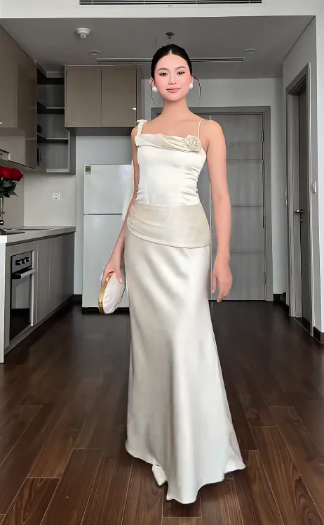 Elegant Sheath White Long Prom Dresses, Satin Sleeveless White Wedding Guest Dresses DP3934 - Deanwangkt