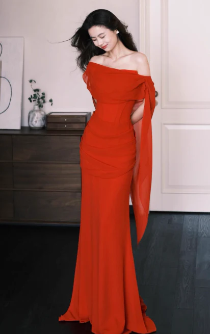 Chic Off-the-shoulder Sheath Long Prom Dresses Chiffon Wine Red Evening Dresses DP3313 - Deanwangkt