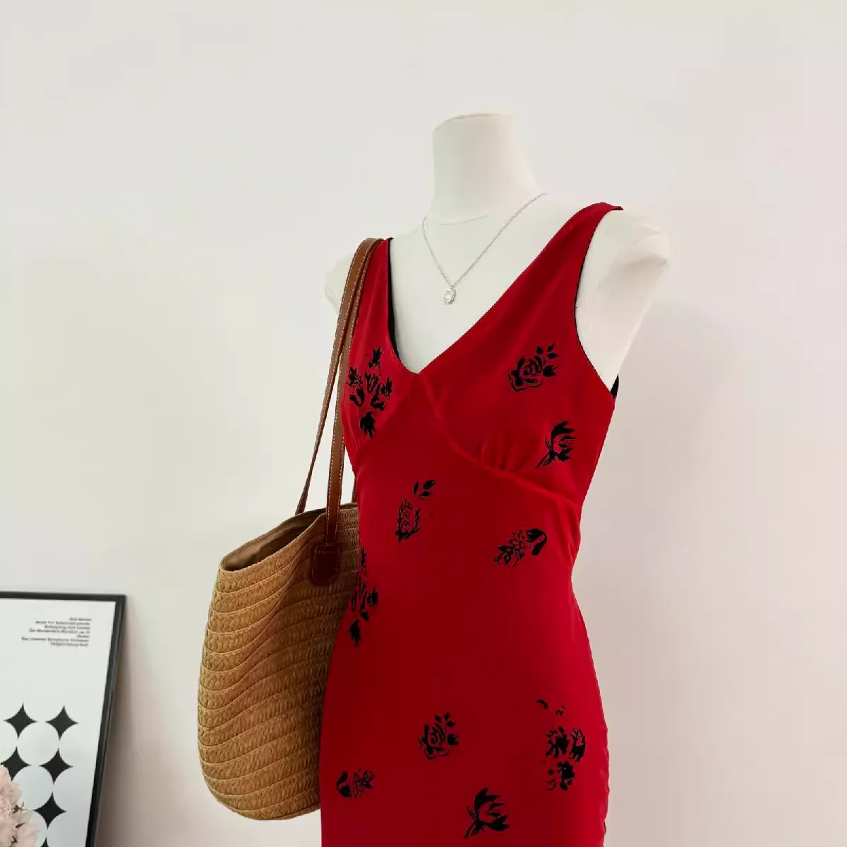 Cute A line V Neckline Red Floral Long Summer Dress For Women DP0011 - Deanwangkt
