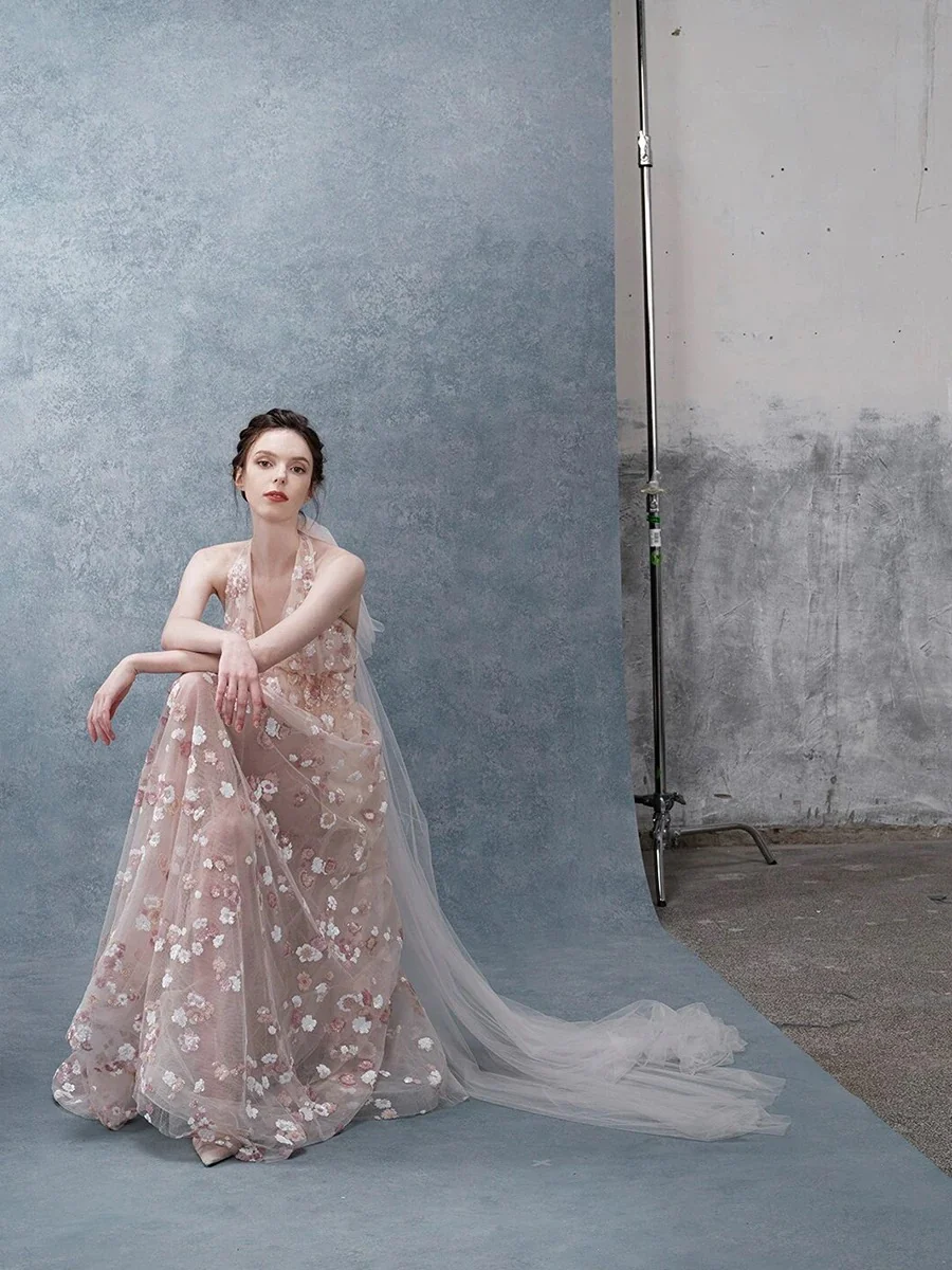 Classy A Line Halter Pink Floral Evening Dress Long Prom Dresses H2882 - Deanwangkt