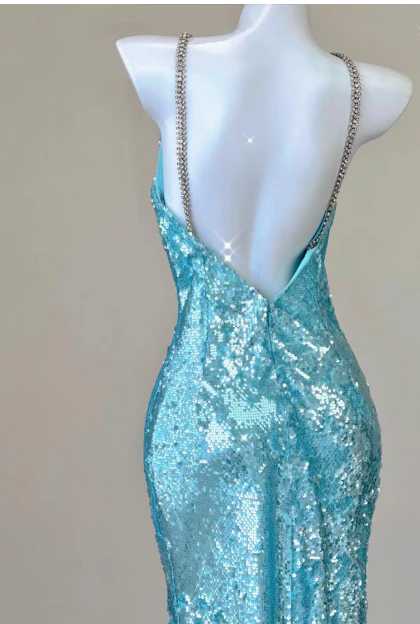 Sparkly Sequin Halter Blue Mermaid Evening Gowns Elegant Open Back Prom Dresses DH2710 - Deanwangkt