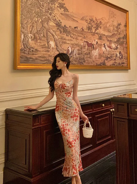 Sexy Mermaid Spaghetti Straps Floral Pink 18th Birthday Dress Holiday Party Birthday Outfits For Women DP0161 - Deanwangkt