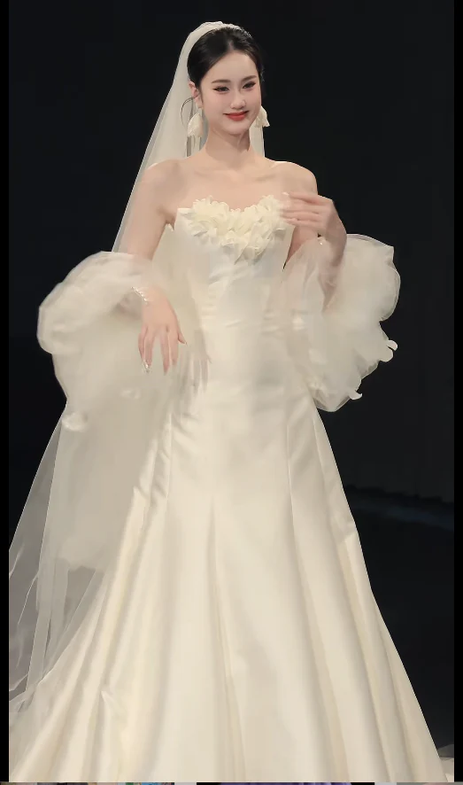 Modest A-Line Satin Long Wedding Dresses, Strapless White Bridal Dresses, Sleeveless Bridal Gowns DP04039 - Deanwangkt