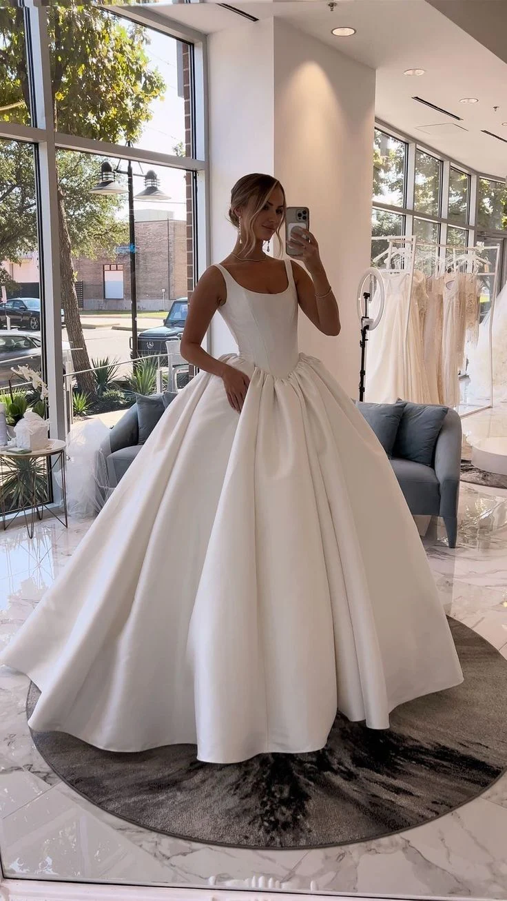 Classic Bridal Gown Ball Gown Square Neck Sleeveless Satin Long White Wedding Dresses Elegant Bridal Gowns Brides Dress DH862 - Deanwangkt