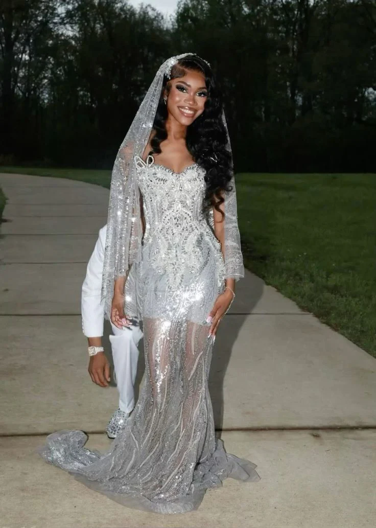 Vintage Mermaid Sweetheart Silver Sequin Beads Long Prom Dresses Party Dress Black Girl Outfits Graduation Dresses W0387 - Deanwangkt