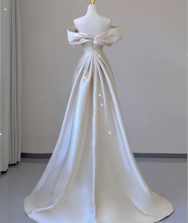 Elegant Mermaid Off The Shoulder Satin Short Sleeves Wedding Dresses Brides Dress P0010 - Deanwangkt