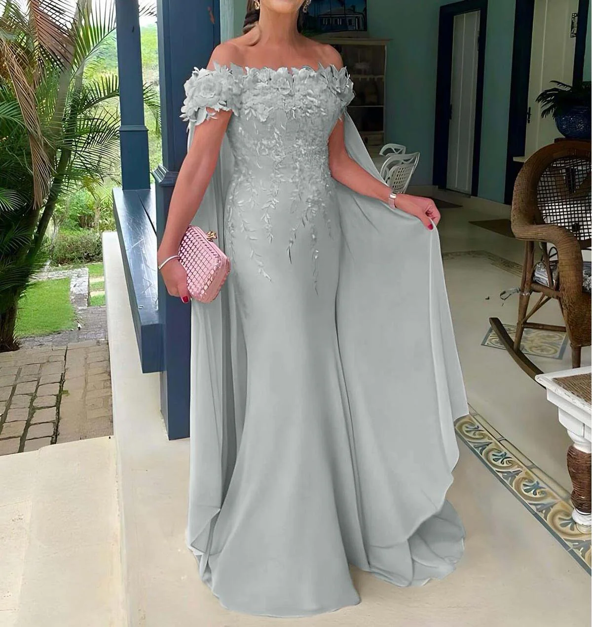 Glam Off-the-shoulder Mermaid Green Mother of the Bride Dress Chiffon Applique Green Evening Gown DP3711 - Deanwangkt