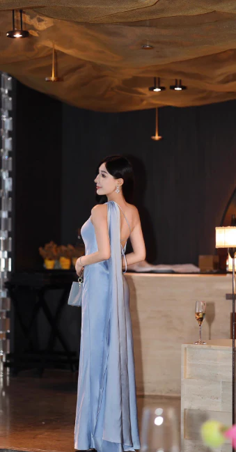 Elegant One Shoulder Sheath Long Evening Dresses, Satin Gray Blue Formal Dresses DP3217 - Deanwangkt