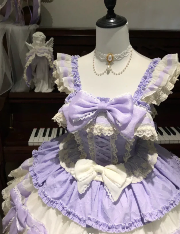 Sweet Straps Ball Gown Tulle Purple Short Birthday Dresses Cute Lace Bow Purple Lolita Dresses DP3997 - Deanwangkt
