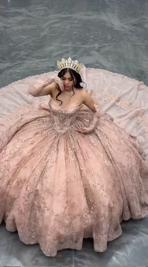Fairy Sweetheart Pink Ball Gown Tiered Tulle Applique Long Quinceanera Dress Sparkly Sequins Formal Gowns Sweet 16 Dress DP2885 - Deanwangkt