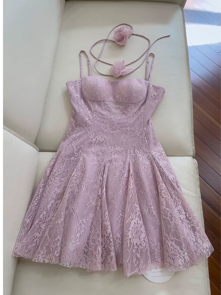 Trendy A line Spaghetti Straps Lilac Lace Sleeveless Formal Short 8th Grade Homecoming Dress Summer Middle School Hoco Dresses Cocktail Dress Birthday Outfits W947 - Deanwangkt