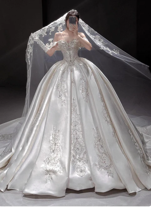 Princess Strapless Ball Gown Satin Long Wedding Dresses Applique White Bridal Gowns Short Sleeve Bridal Dresses DP3867 - Deanwangkt