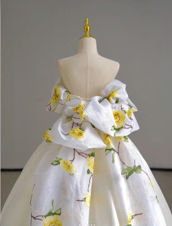 Dreamy Ball Gown Off The Shoulder Satin Long Floral Wedding Dresses Summer Brides Dress DP518 - Deanwangkt