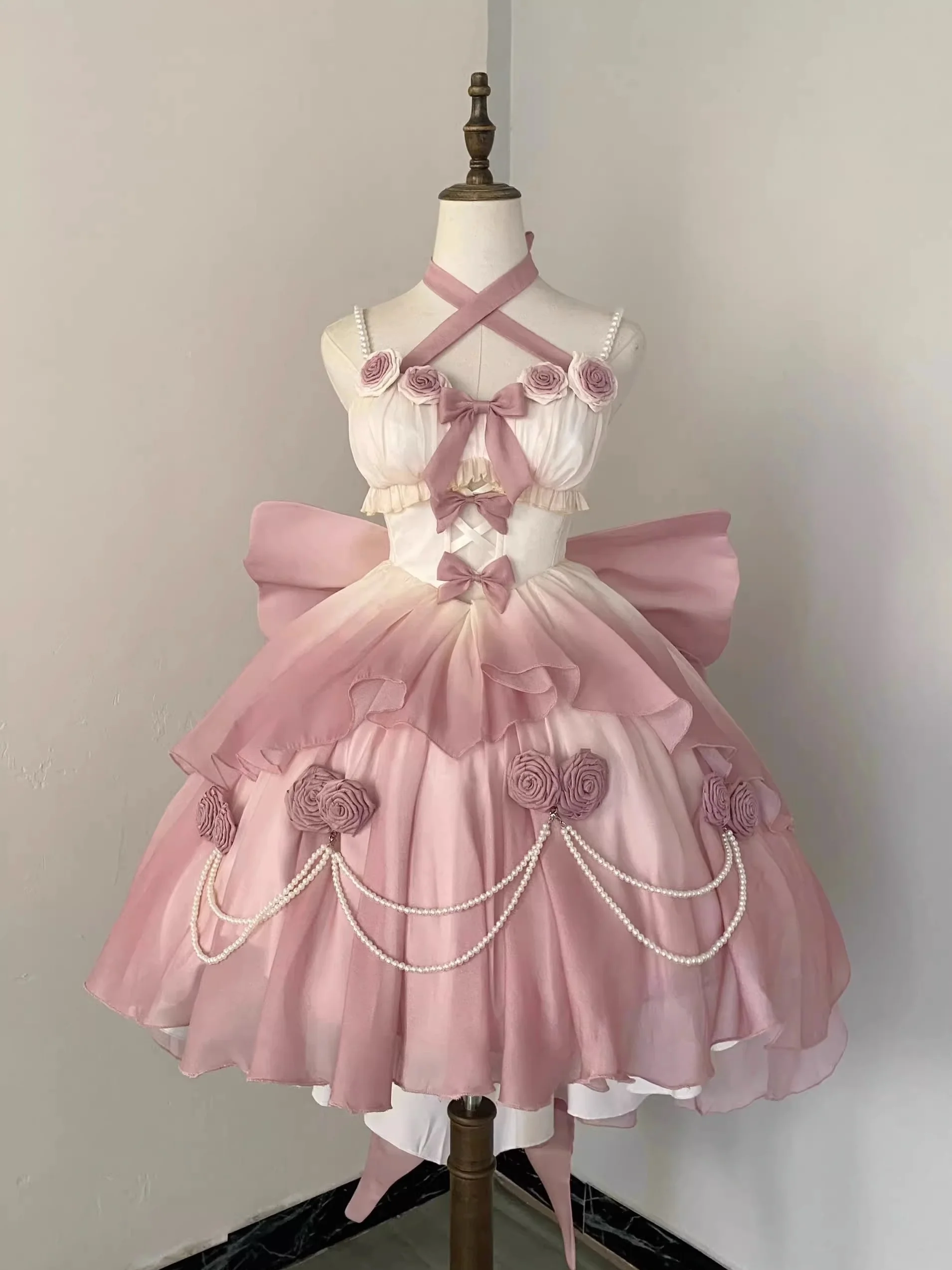 Vintage Ball Gown Spaghetti Straps Short Chiffon Summer 18th Birthday Dress High Low Ombre Pink Pearls Lolita Dress Birthday Outfits W1232 - Deanwangkt