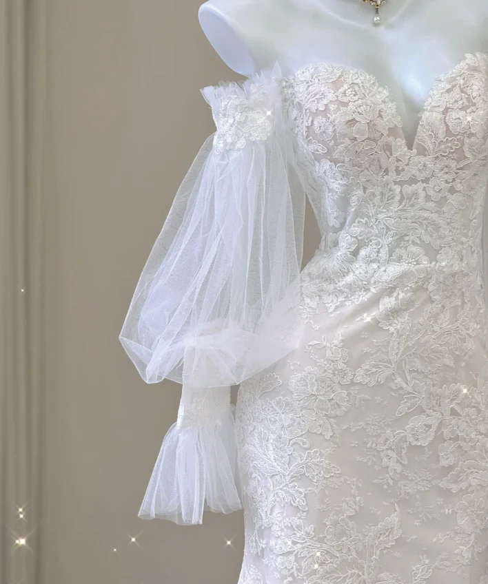 Elegant Mermaid Off The Shoulder Tulle Wedding Dresses Lace Brides Dress P0004 - Deanwangkt