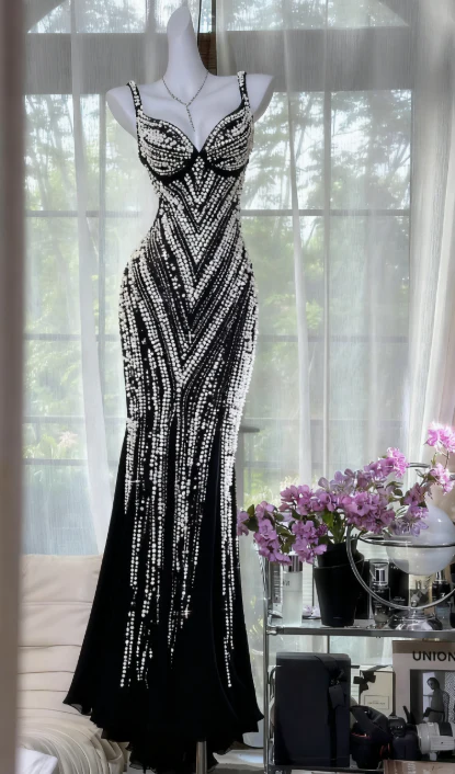 Elegant Strap Mermaid Long Prom Dress Chiffon Beaded Black Evening Gown DP3810 - Deanwangkt