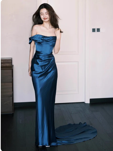 Glam One Shoulder Sheath Long Prom Dresses Satin Navy Blue Evening Dresses DP3816 - Deanwangkt