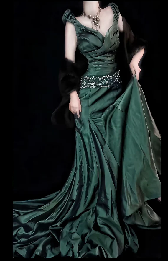 Elegant V-neck Sheath Green Long Prom Dress Satin Green Evening Dress DP3954 - Deanwangkt