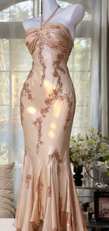 Glam Mermaid Champagne Long Prom Dresses Halter Chiffon Champagne Evening Dresses DP04020 - Deanwangkt