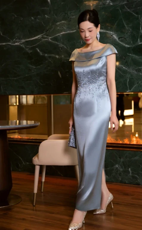 Elegant Bateau Sheath Wedding Guest Dresses Satin Beaded Gray Blue Mother of the Bride Dresses DP3713 - Deanwangkt