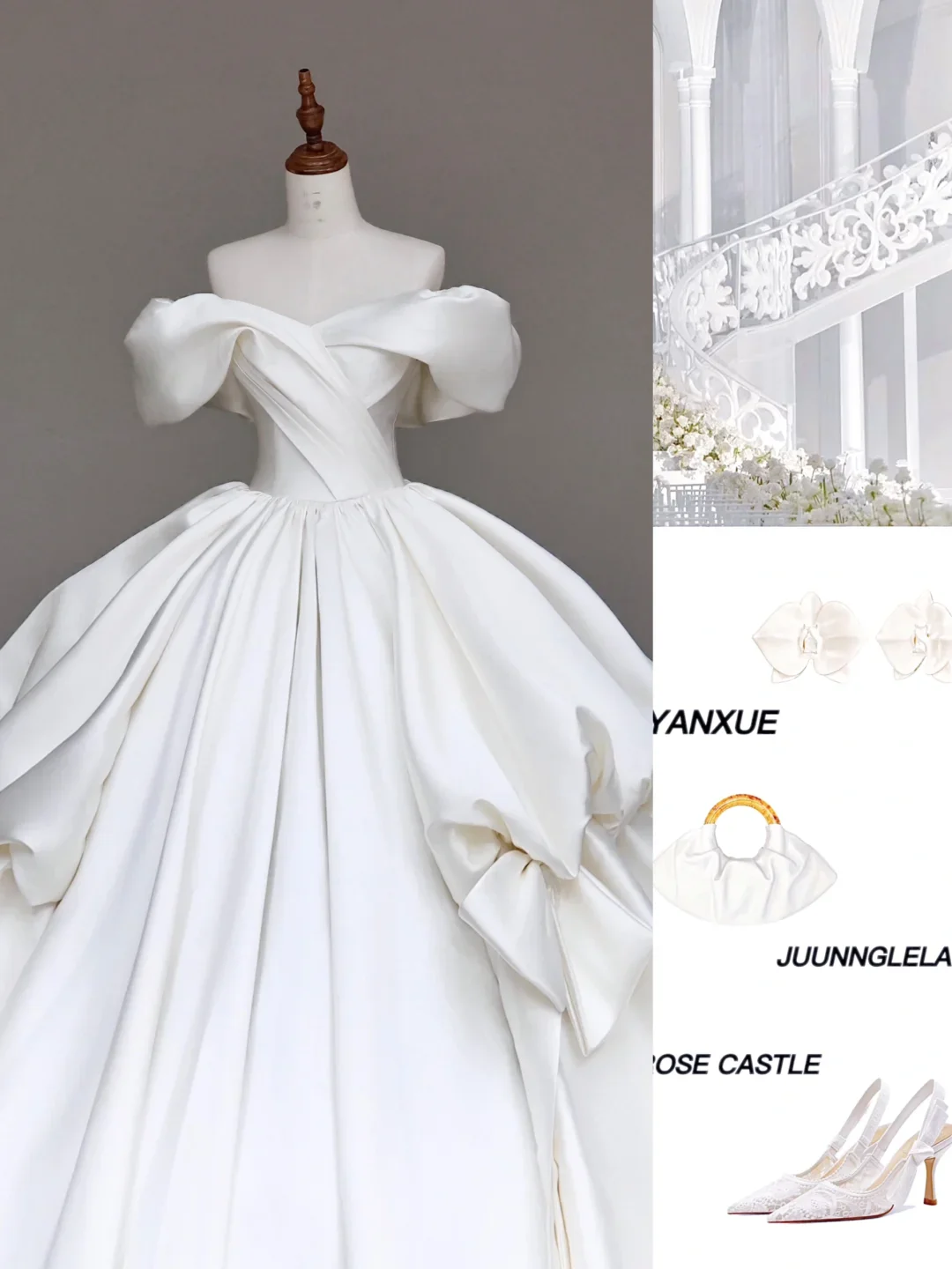 Classy Elegant Ball Gown Off The Shoulder White Short Sleeves Satin Wedding Dress Brides Dress DP695 - Deanwangkt
