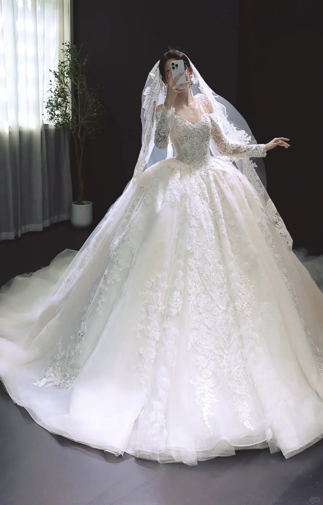 Elegant Off-Shoulder White Wedding Dress Applique Ball Gown Modest Long Sleeves Bridal Gowns with Veil DP2865 - Deanwangkt