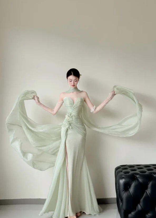 Elegant Sweetheart Sheath Chiffon Long Prom Dresses, Green Formal Evening Dresses DP3118 - Deanwangkt