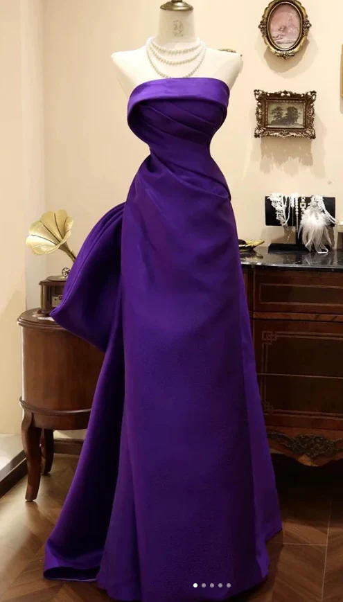 Elegant Strapless Sheath Satin Long Prom Dresses, Purple Formal Evening Dresses DP3027 - Deanwangkt