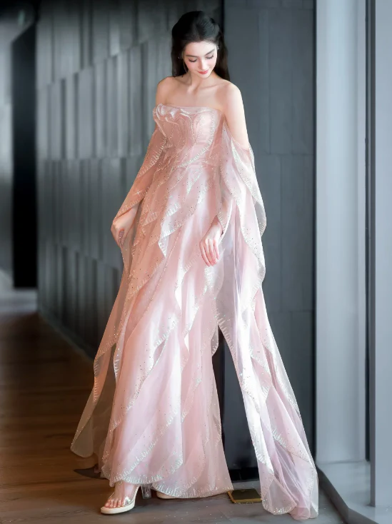 Sweet Strapless Sheath Long Prom Dresses Tulle Pink Evening Dresses DP3694 - Deanwangkt