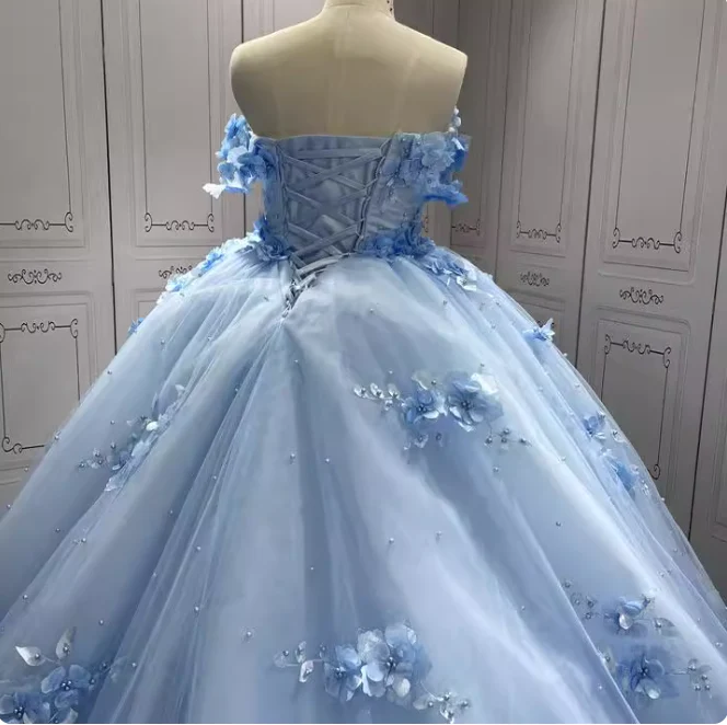Gorgeous Sky Blue Off-the-shoulder Tulle Long Ball Gown with Flower Sweet 16 Birthday Dress Cute Quinceanera Dress DH2731 - Deanwangkt
