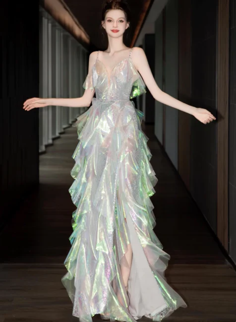 Modest Spaghetti Strap A-line Tulle Long Prom Dresses, Sleeveless Formal Evening Dresses DP3063 - Deanwangkt