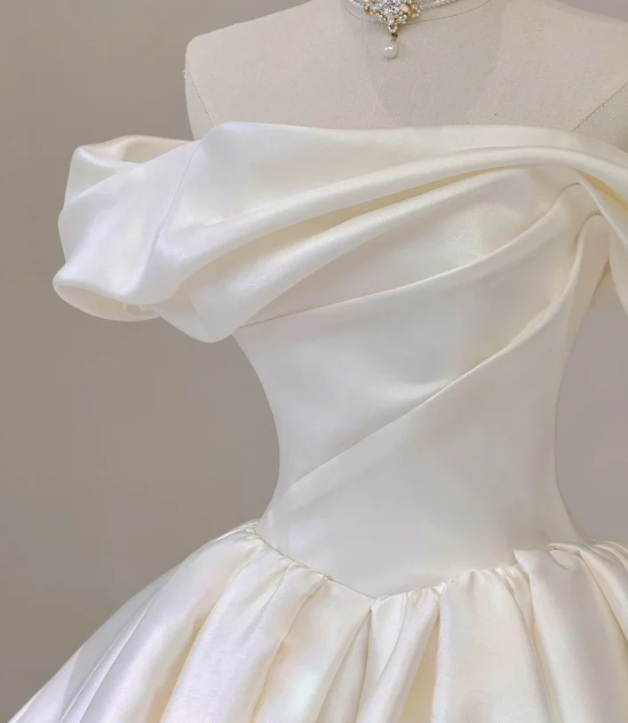 Elegant Ball Gown Off The Shoulder Satin Wedding Dresses White Brides Dress P0002 - Deanwangkt