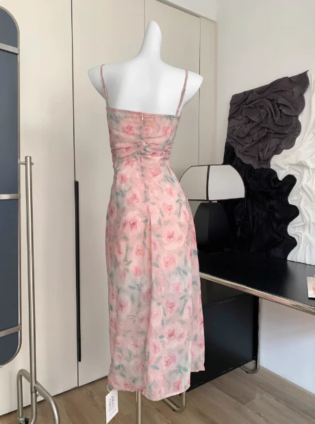 Cute A line Spaghetti Straps Pink Floral Long Chiffon Dress For Women DP0008 - Deanwangkt