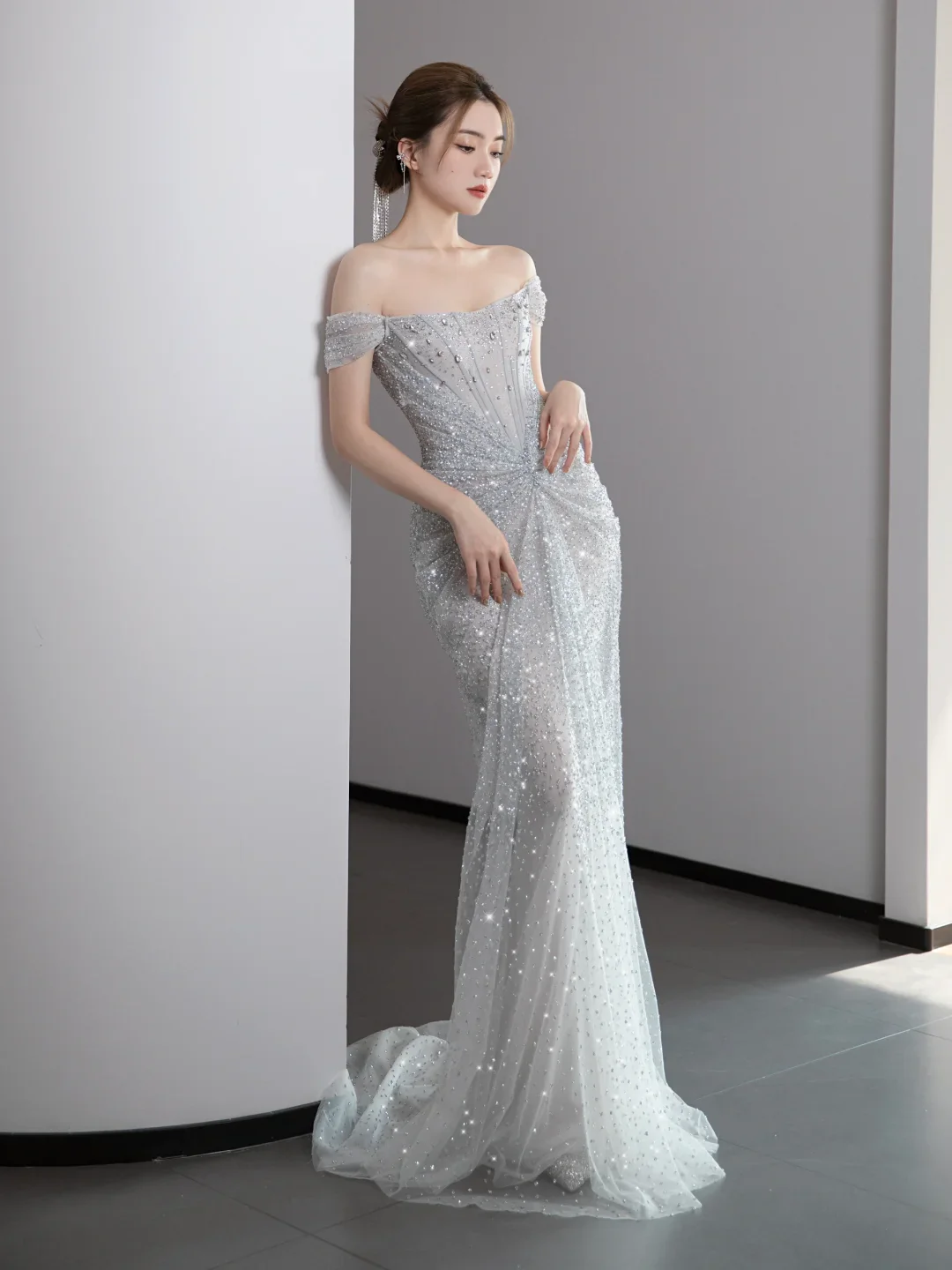 Gorgeous Mermaid Off The Shoulder Silver Gray Sequin Long Prom Dresses Graduation Dresses DP671 - Deanwangkt