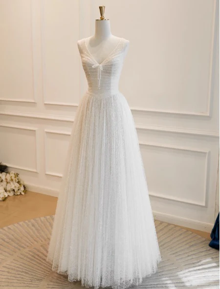 Elegant V-neck A-Line Long Wedding Dresses Lace White Bridal Gowns DP3299 - Deanwangkt