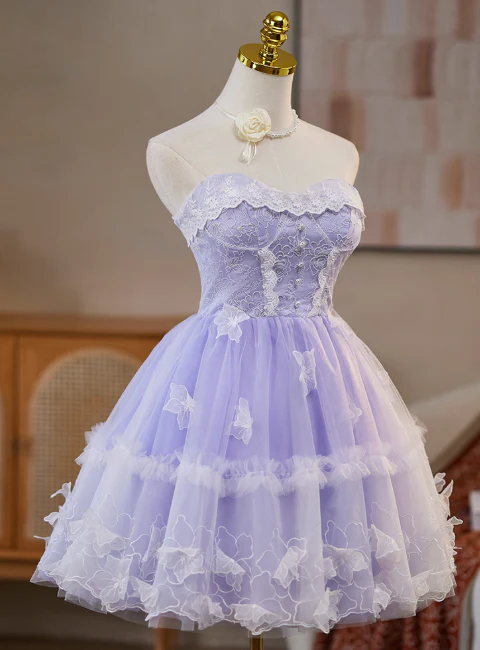 Sweet Strapless A-Line Tulle Lace Short Prom Dresses, Purple Homecoming Dresses DP3127 - Deanwangkt