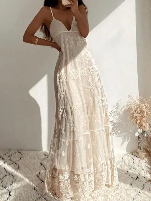Gorgeous A Line Halter Long Lace Ivory Prom Dresses Wedding Guest Dresses Graduation Dresses DP725 - Deanwangkt